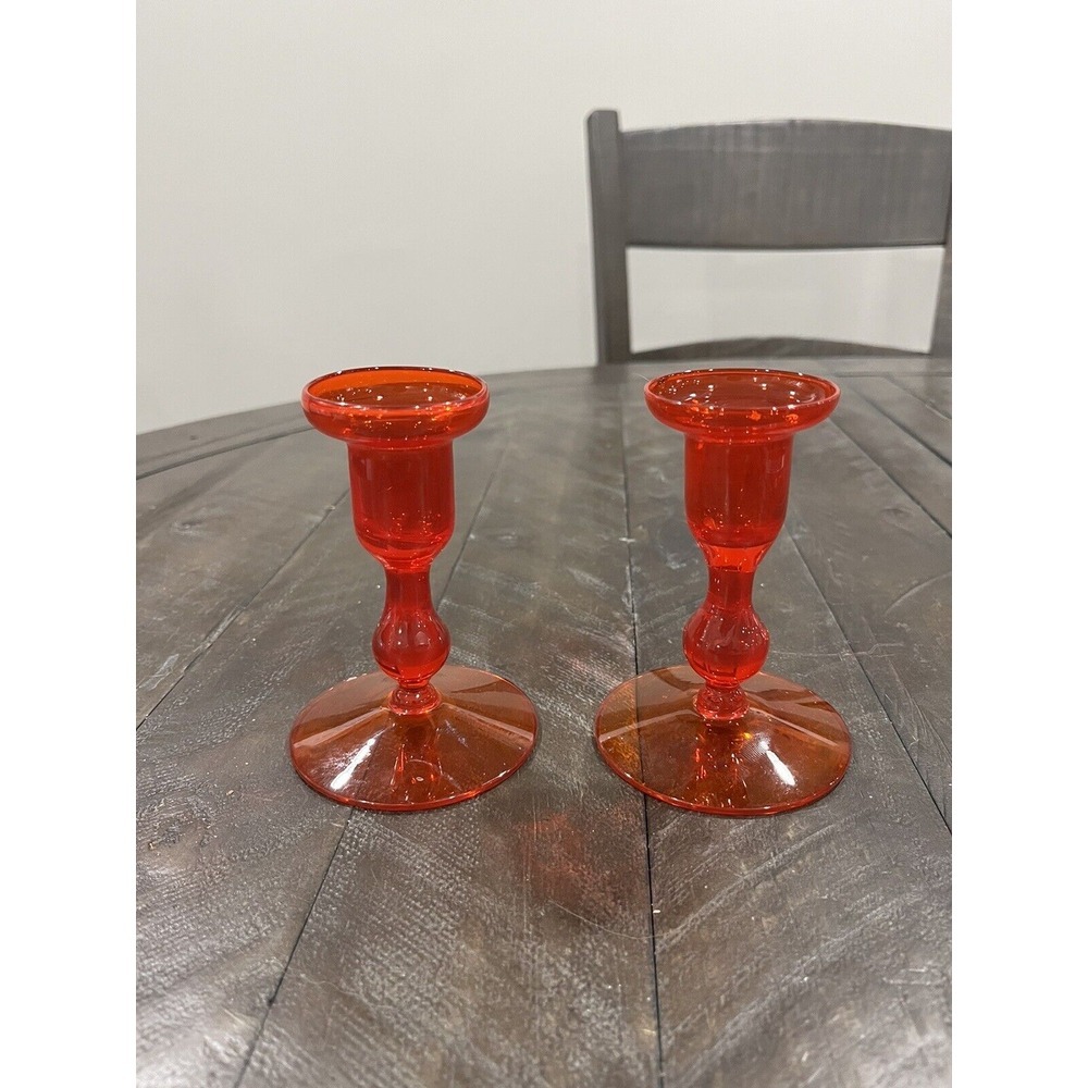 Morgantown Glass Gypsy Fire Orange Candle Holder MCM Pair Vintage